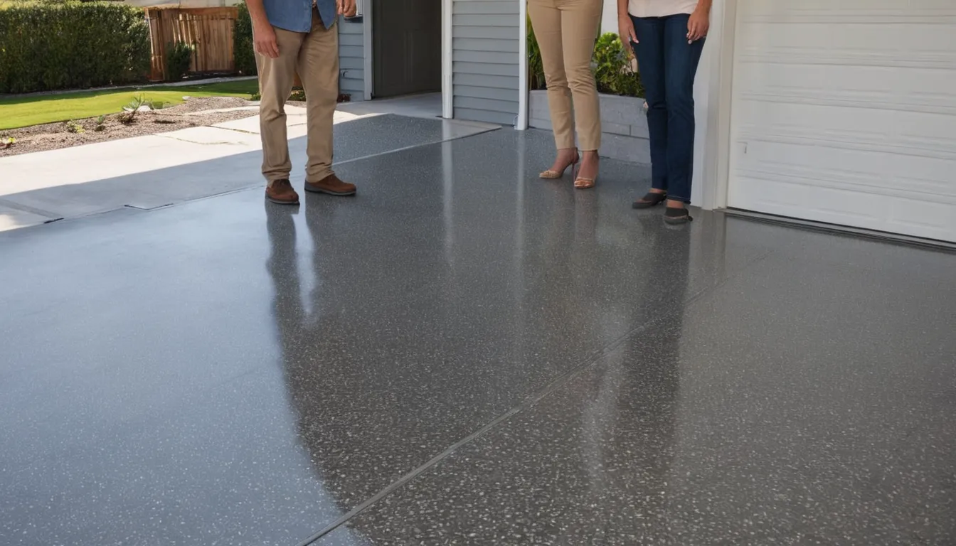 A clean, glossy polyaspartic-coated garage floor with gray flakes in a home near Houston
